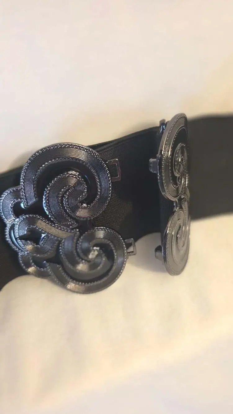 Black Elastic Stretch Belt with Silver Tone Swirl Buckle